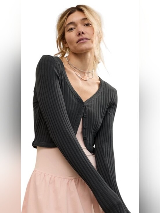 aerie Sweaters - Aerie Cropped Ribbed Cardigan Size Small Gray Fitted Long Sleeve Layering Top